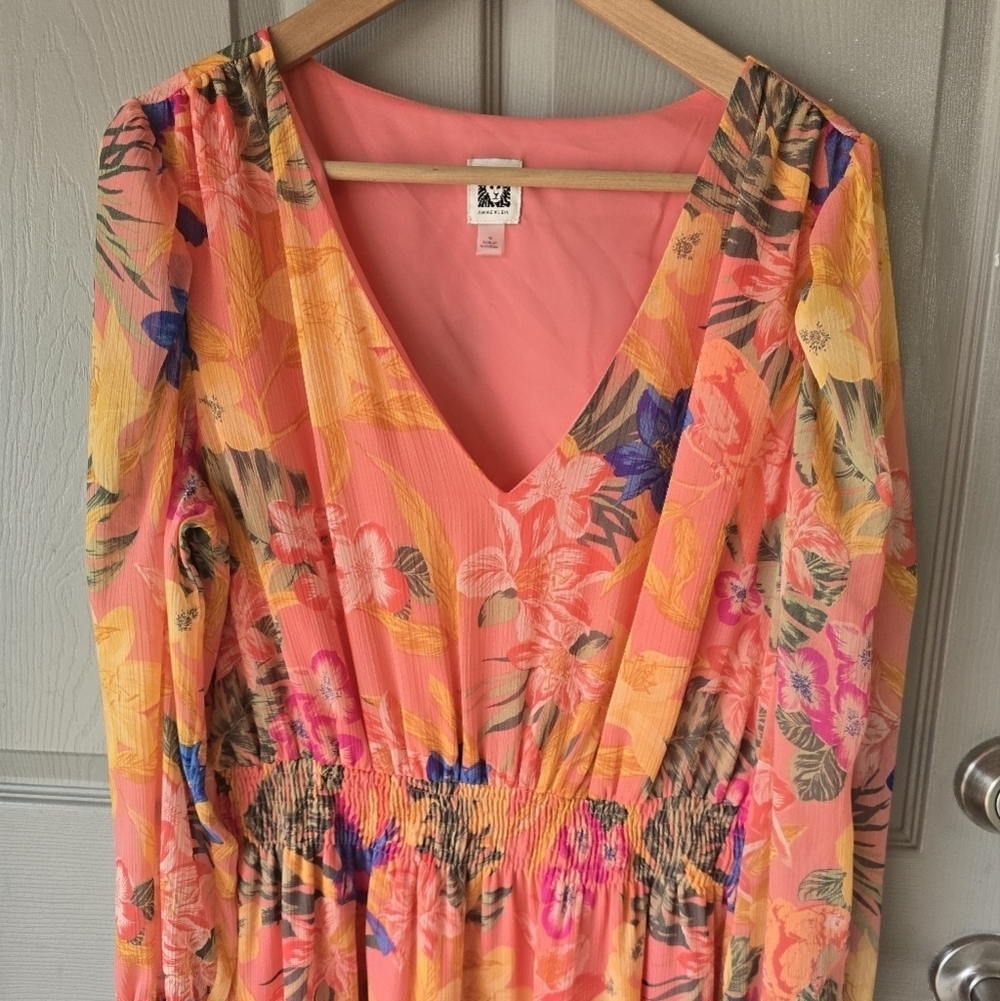 Anne Klein Floral Dress Sz 14 Women Long Sleeve Tiered Smocked Waist Fit Flare - Picture 5 of 15